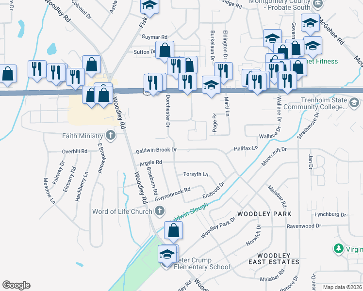 map of restaurants, bars, coffee shops, grocery stores, and more near 2705 Baldwin Brook Drive in Montgomery