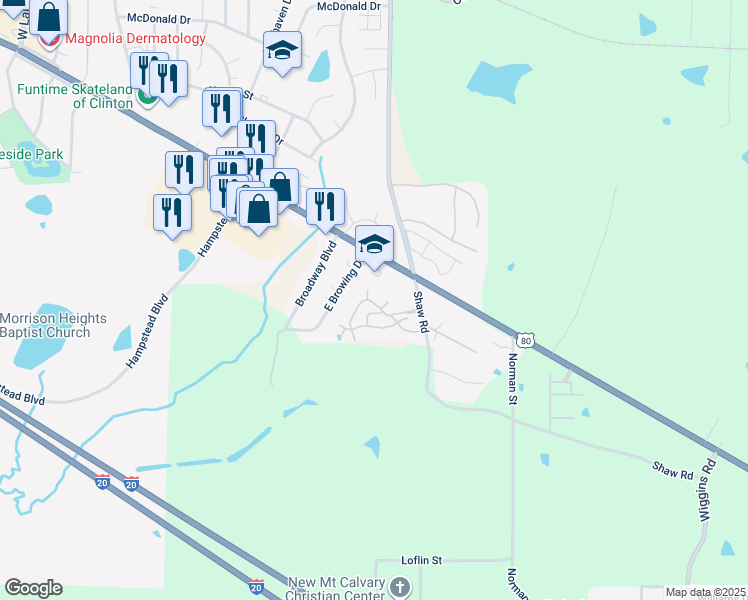 map of restaurants, bars, coffee shops, grocery stores, and more near 5551 Shaw Road in Jackson