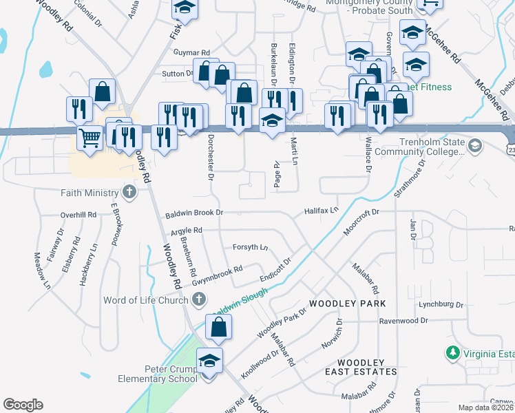 map of restaurants, bars, coffee shops, grocery stores, and more near 2729 Baldwin Brook Drive in Montgomery