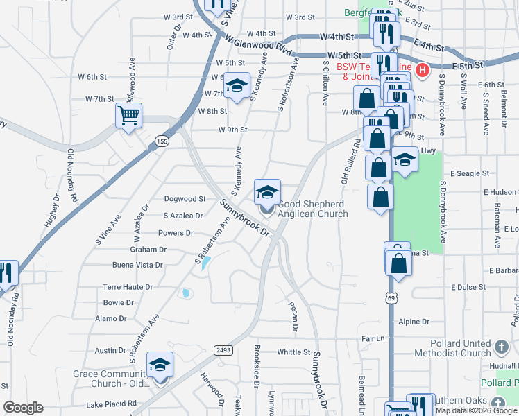 map of restaurants, bars, coffee shops, grocery stores, and more near 2429 Oak Lane in Tyler