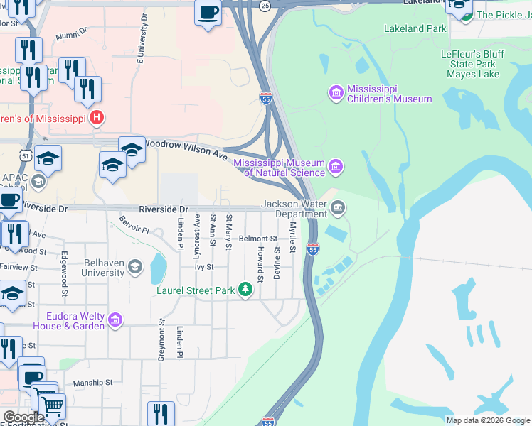 map of restaurants, bars, coffee shops, grocery stores, and more near 1919 Riverside Drive in Jackson