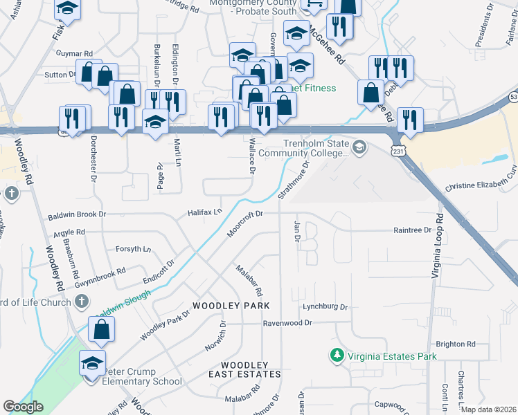 map of restaurants, bars, coffee shops, grocery stores, and more near 2965 Moorcroft Drive in Montgomery