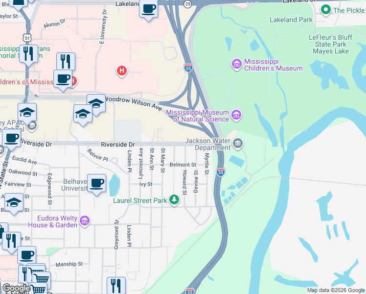 map of restaurants, bars, coffee shops, grocery stores, and more near 1919 Riverside Drive in Jackson