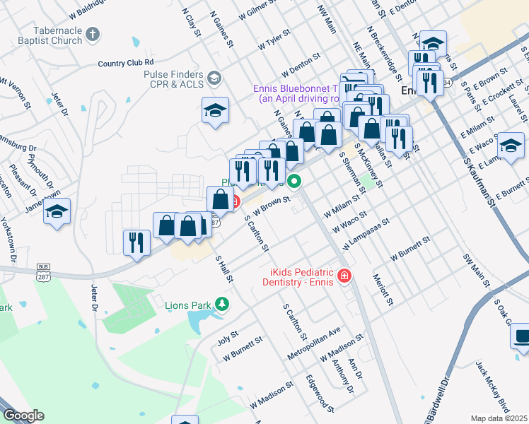 map of restaurants, bars, coffee shops, grocery stores, and more near 807 West Ennis Avenue in Ennis