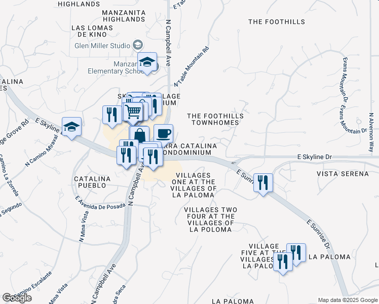 map of restaurants, bars, coffee shops, grocery stores, and more near 6414 North Tierra De Las Catalinas in Tucson