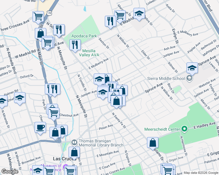 map of restaurants, bars, coffee shops, grocery stores, and more near 910 Juniper Avenue in Las Cruces