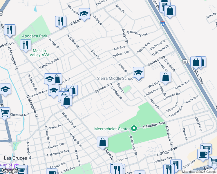map of restaurants, bars, coffee shops, grocery stores, and more near 1285 North Willow Street in Las Cruces