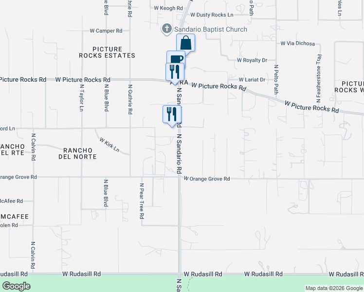 map of restaurants, bars, coffee shops, grocery stores, and more near 6500 North Sandario Road in Tucson