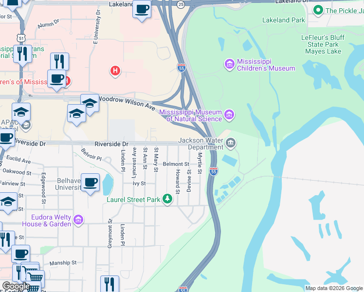 map of restaurants, bars, coffee shops, grocery stores, and more near 1919 Riverside Drive in Jackson