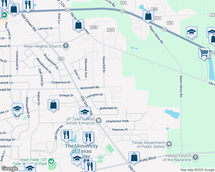 map of restaurants, bars, coffee shops, grocery stores, and more near 2438 Haverhill Drive in Tyler