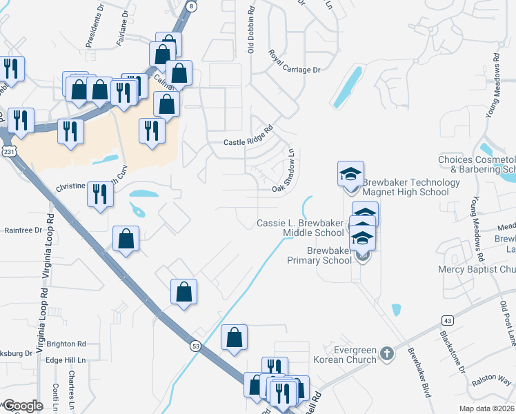 map of restaurants, bars, coffee shops, grocery stores, and more near 3501 Horseshoe Circle in Montgomery