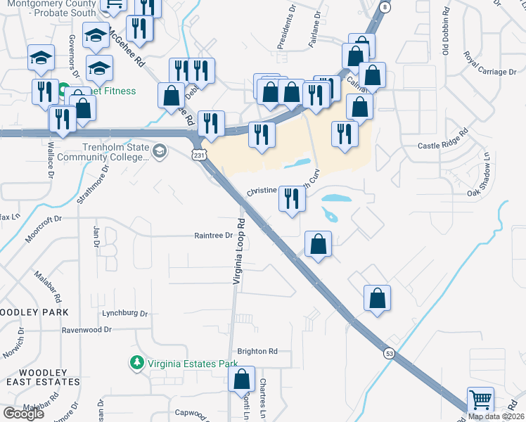 map of restaurants, bars, coffee shops, grocery stores, and more near 4019 Troy Highway in Montgomery