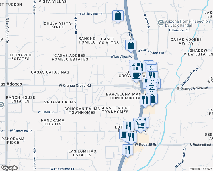 map of restaurants, bars, coffee shops, grocery stores, and more near 645 West Orange Grove Road in Tucson