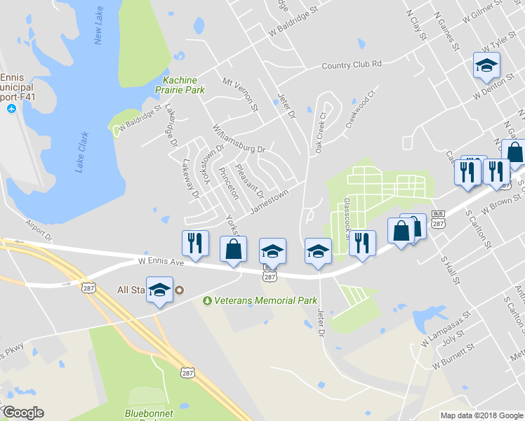 map of restaurants, bars, coffee shops, grocery stores, and more near 1805 Jamestown in Ennis