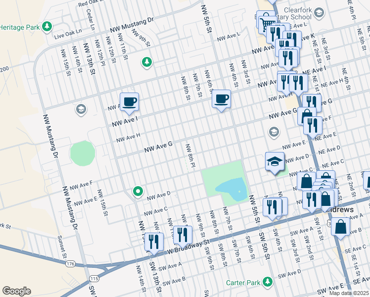 map of restaurants, bars, coffee shops, grocery stores, and more near Northwest Avenue G in Andrews