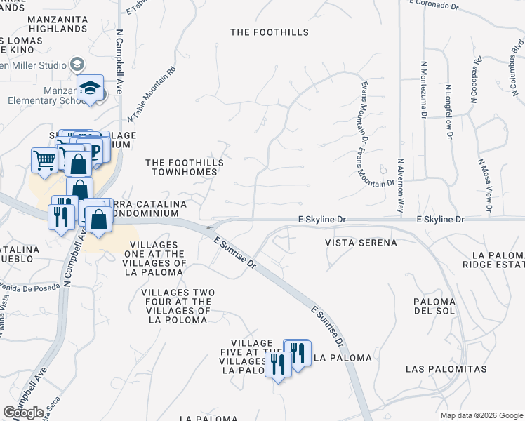 map of restaurants, bars, coffee shops, grocery stores, and more near 3478 East Guthrie Mountain Place in Tucson