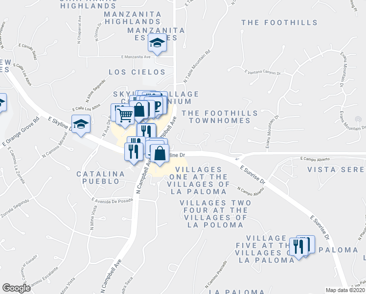 map of restaurants, bars, coffee shops, grocery stores, and more near 6445 North Tierra De Las Catalinas in Tucson