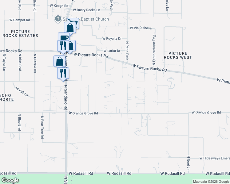 map of restaurants, bars, coffee shops, grocery stores, and more near 6536 North White Deer Lane in Tucson