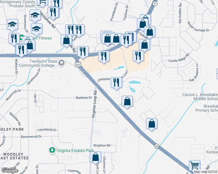 map of restaurants, bars, coffee shops, grocery stores, and more near 4019 Troy Highway in Montgomery