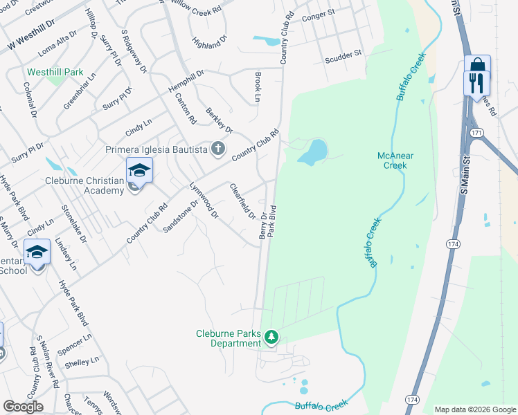 map of restaurants, bars, coffee shops, grocery stores, and more near 1400 Berry Drive in Cleburne
