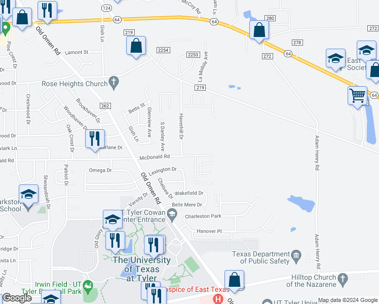 map of restaurants, bars, coffee shops, grocery stores, and more near 3928 McDonald Road in Tyler