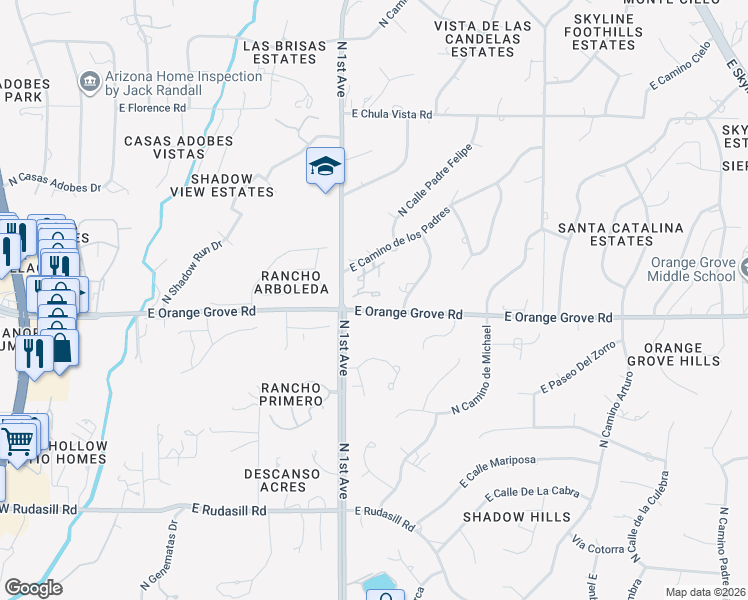 map of restaurants, bars, coffee shops, grocery stores, and more near 850 East Placita Del Mirador in Tucson