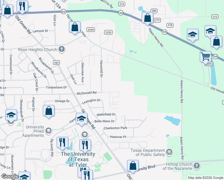 map of restaurants, bars, coffee shops, grocery stores, and more near 3962 McDonald Road in Tyler