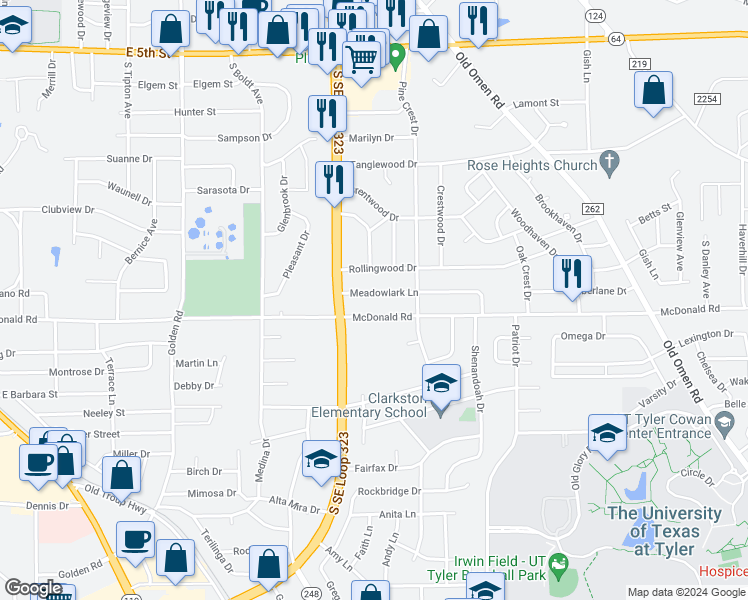 map of restaurants, bars, coffee shops, grocery stores, and more near 2729 Meadowlark Lane in Tyler