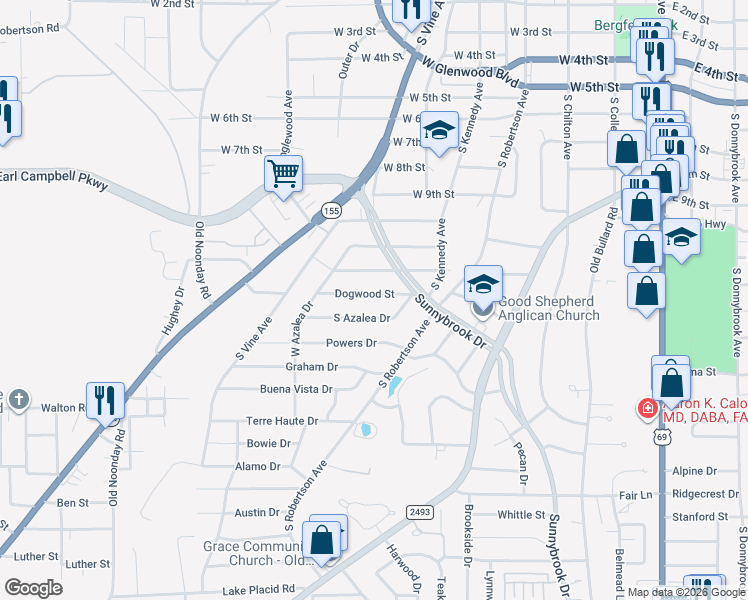 map of restaurants, bars, coffee shops, grocery stores, and more near 1110 Dogwood Street in Tyler