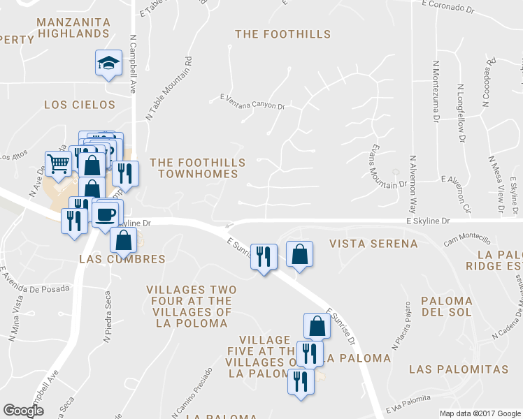 map of restaurants, bars, coffee shops, grocery stores, and more near 3478 East Guthrie Mountain Place in Tucson