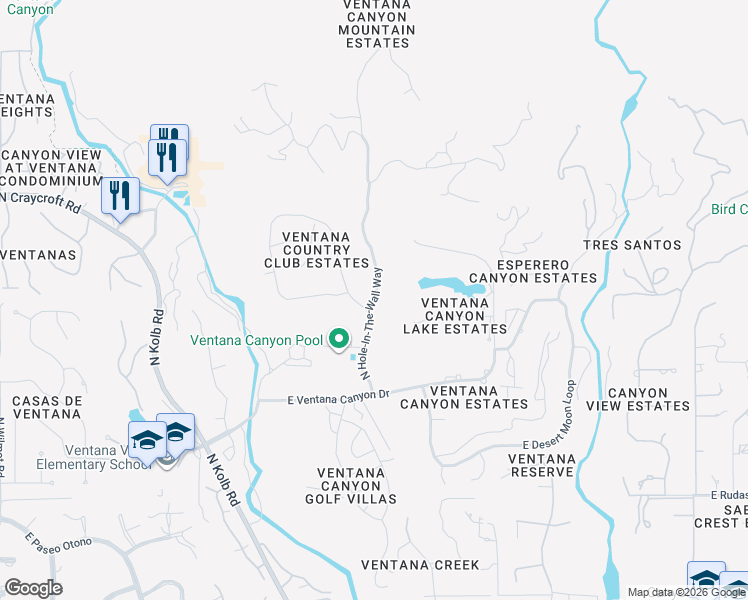 map of restaurants, bars, coffee shops, grocery stores, and more near 6830 North Hole-In-The-Wall Way in Tucson