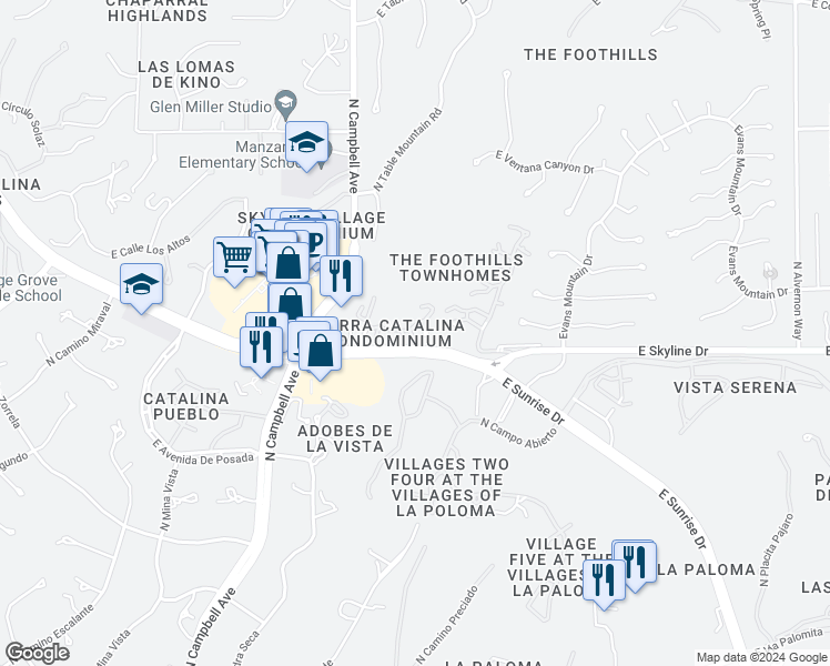 map of restaurants, bars, coffee shops, grocery stores, and more near 3200 East Calle De La Punta in Tucson