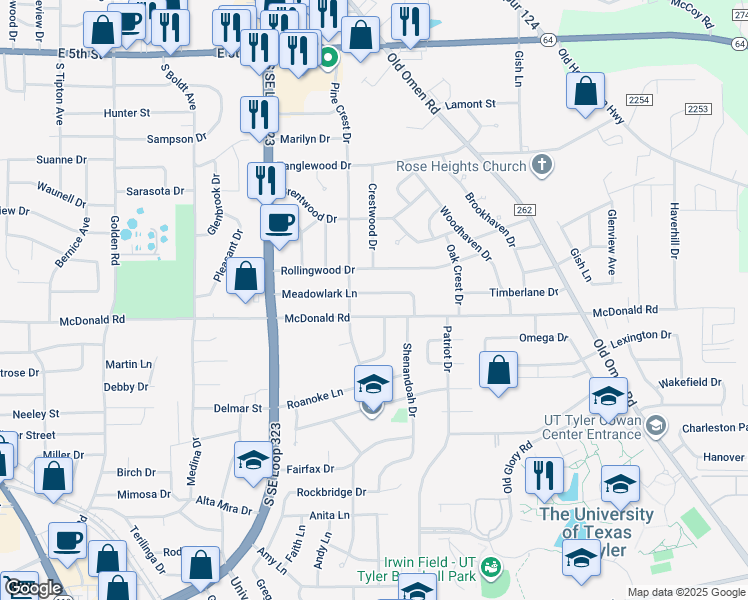 map of restaurants, bars, coffee shops, grocery stores, and more near 2921 Meadowlark Lane in Tyler
