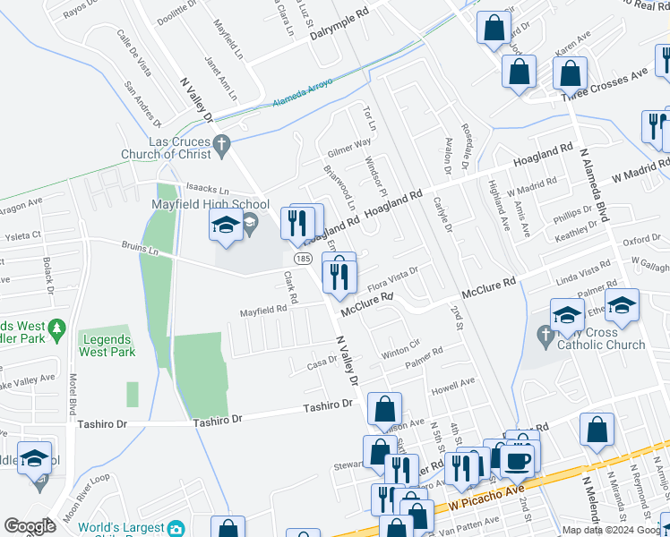 map of restaurants, bars, coffee shops, grocery stores, and more near 1901 Embassy Drive in Las Cruces