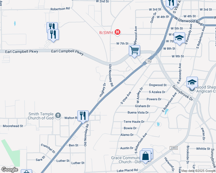 map of restaurants, bars, coffee shops, grocery stores, and more near 2408 Old Noonday Road in Tyler