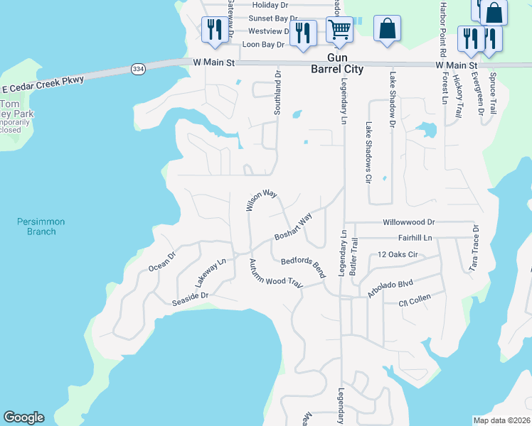 map of restaurants, bars, coffee shops, grocery stores, and more near 104 Owens Circle in Gun Barrel City