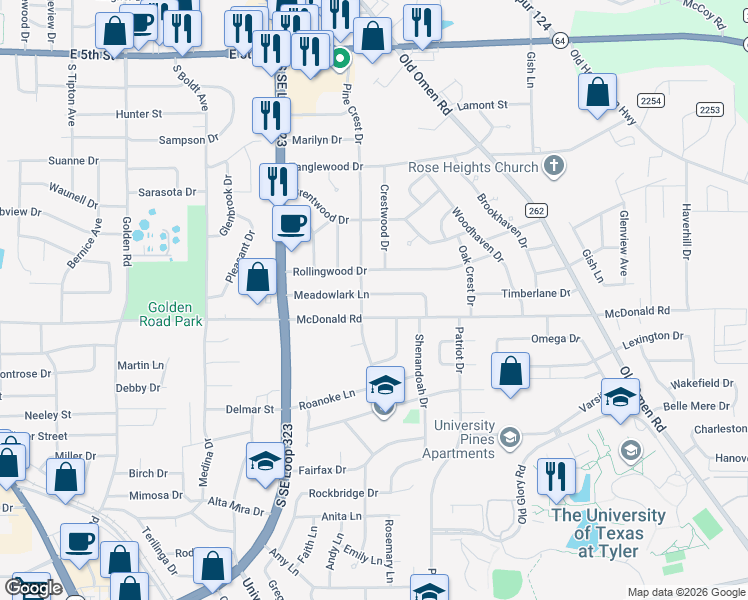 map of restaurants, bars, coffee shops, grocery stores, and more near 2909 Meadowlark Lane in Tyler