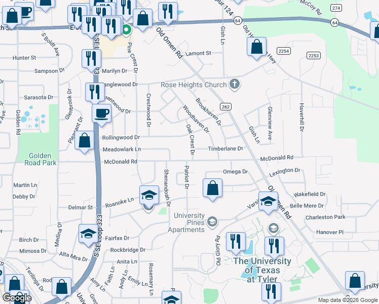map of restaurants, bars, coffee shops, grocery stores, and more near 3204 Timberlane Drive in Tyler