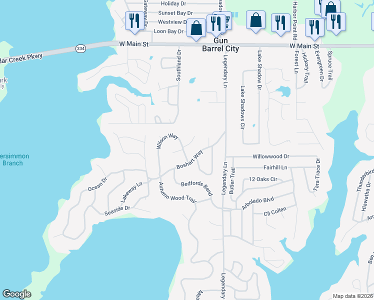 map of restaurants, bars, coffee shops, grocery stores, and more near 116 Brook Valley Street in Gun Barrel City