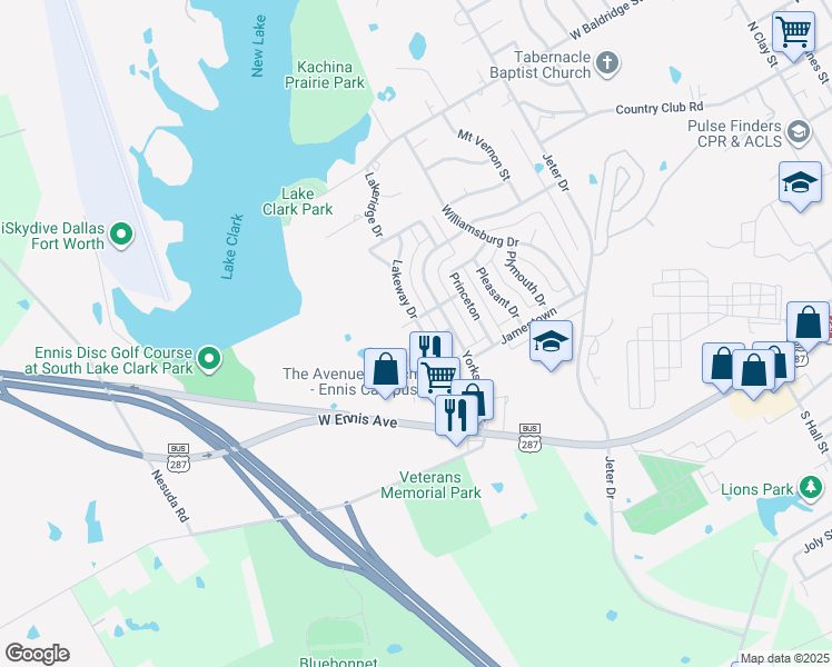map of restaurants, bars, coffee shops, grocery stores, and more near 803 Lakeway Drive in Ennis