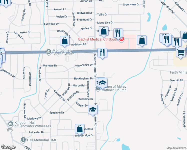 map of restaurants, bars, coffee shops, grocery stores, and more near 4386 Narrow Lane Road in Montgomery