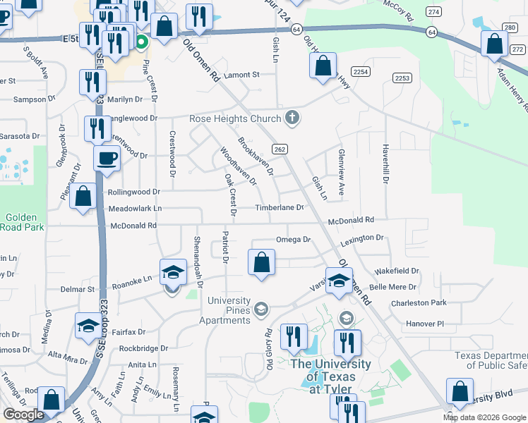 map of restaurants, bars, coffee shops, grocery stores, and more near 3225 Timberlane Drive in Tyler