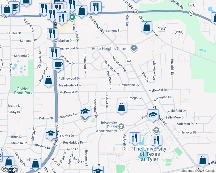 map of restaurants, bars, coffee shops, grocery stores, and more near 3204 Timberlane Drive in Tyler