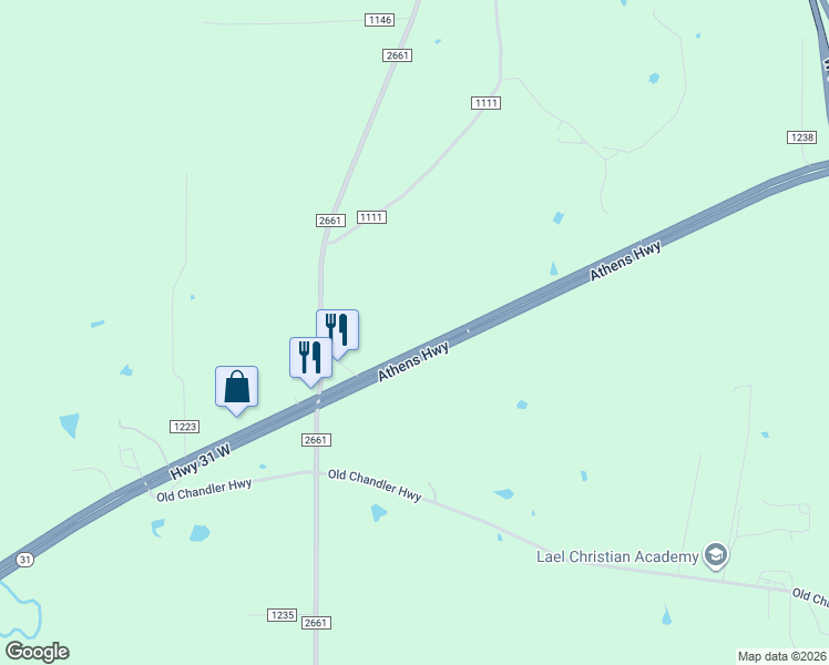 map of restaurants, bars, coffee shops, grocery stores, and more near 16024 Highway 31 in Tyler