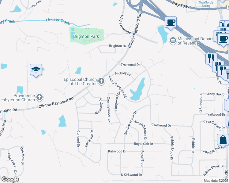 map of restaurants, bars, coffee shops, grocery stores, and more near 137 Countrywood Cir in Clinton
