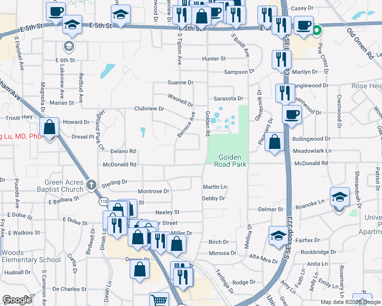 map of restaurants, bars, coffee shops, grocery stores, and more near 2107 Bernice Avenue in Tyler