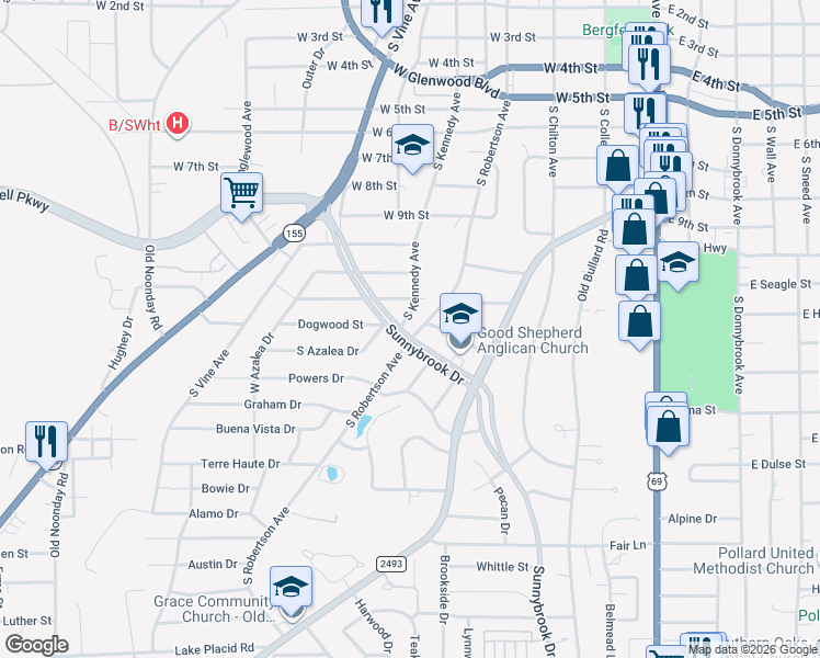 map of restaurants, bars, coffee shops, grocery stores, and more near 2429 South Robertson Avenue in Tyler