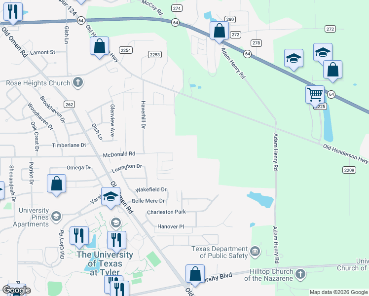 map of restaurants, bars, coffee shops, grocery stores, and more near 3990 McDonald Road in Tyler