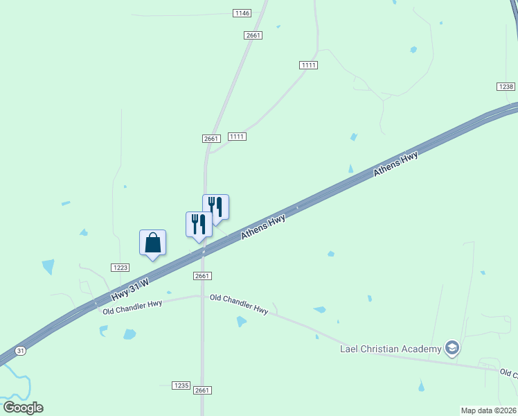 map of restaurants, bars, coffee shops, grocery stores, and more near 16024 Highway 31 West in Tyler