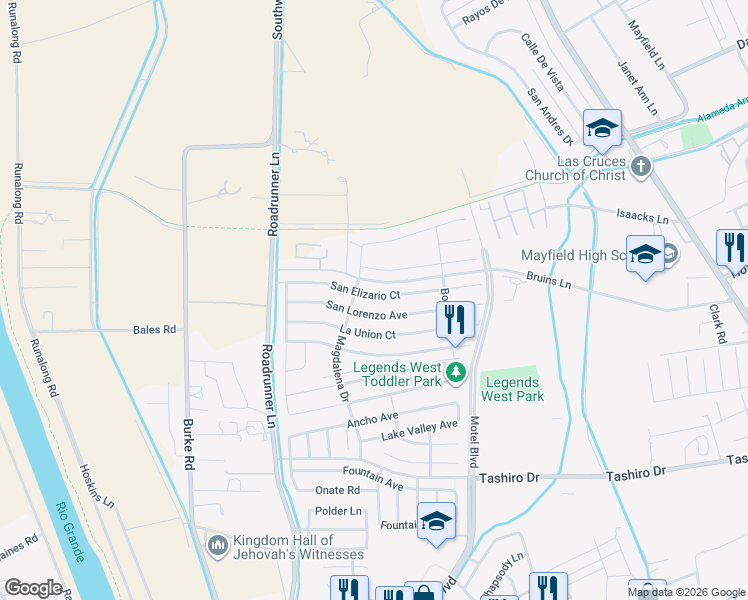 map of restaurants, bars, coffee shops, grocery stores, and more near 2909 San Elizario Ct in Las Cruces